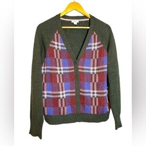 Sundance Olive Green Cardigan with Red & Blue Plaid Front